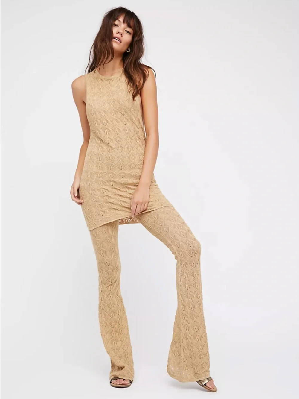 Free People Take Me Out Co-Ord Gold Metallic Knit 2 Piece Set Flared Leg Small